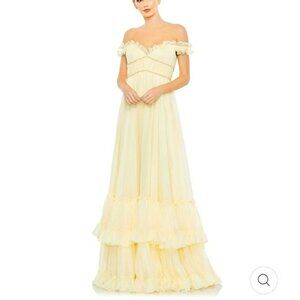 Mac Duggal Off-Shoulder Pale Yellow Ruffled Maxi Dress